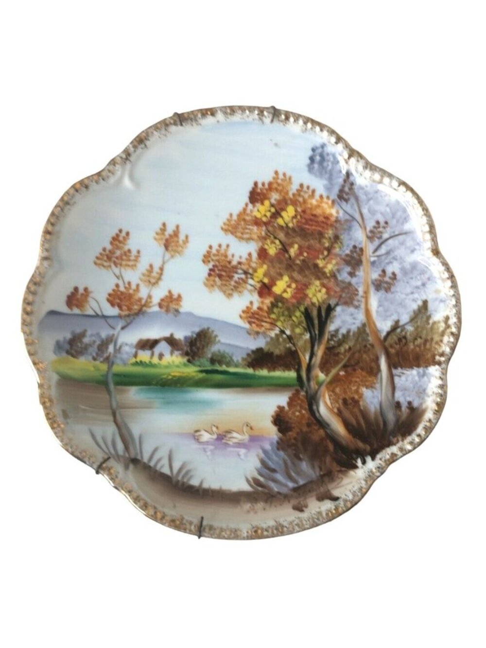 Ucagco Ceramics Japan Handpainted Plate Farmhouse Cottage Swans Wall Hanging Vtg
